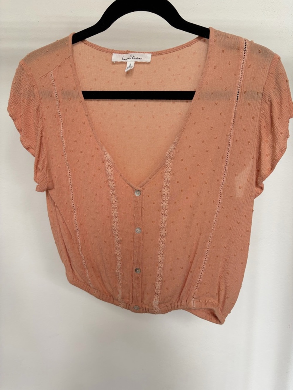 Love Tree Peach Button-Front V-Neck Swiss Dot Blouse